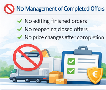 Ilustrace znázorňující, že řidiči nemohou na platformě ExusTrans upravovat ani znovu otevírat dokončené přepravní nabídky